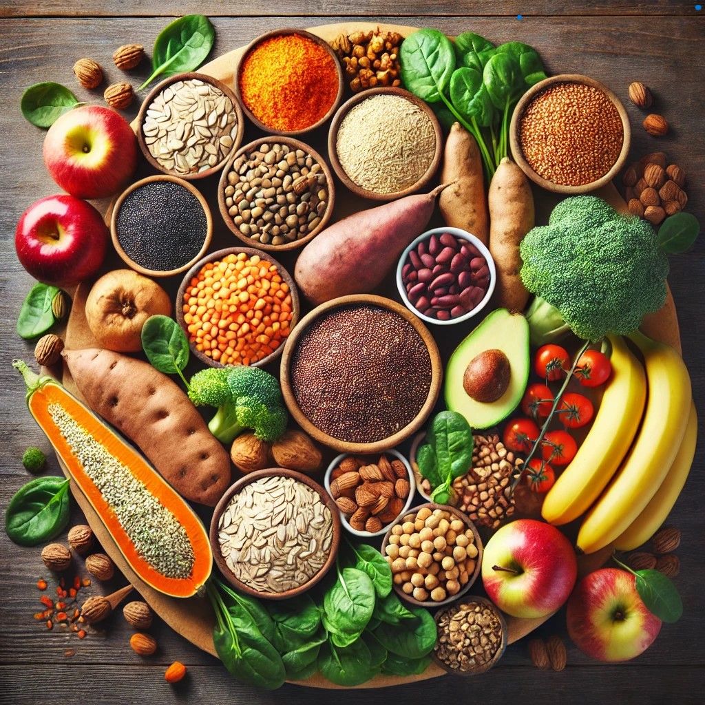 A appealing image showcasing a variety of healthy carbohydrates on a wooden table including quinoa brown rice oats lentils, chickpeas