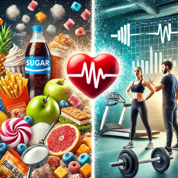 An image depicting the dangers of sugar and the benefits of personal training. The left side of the image shows sugary foods like soda, candy